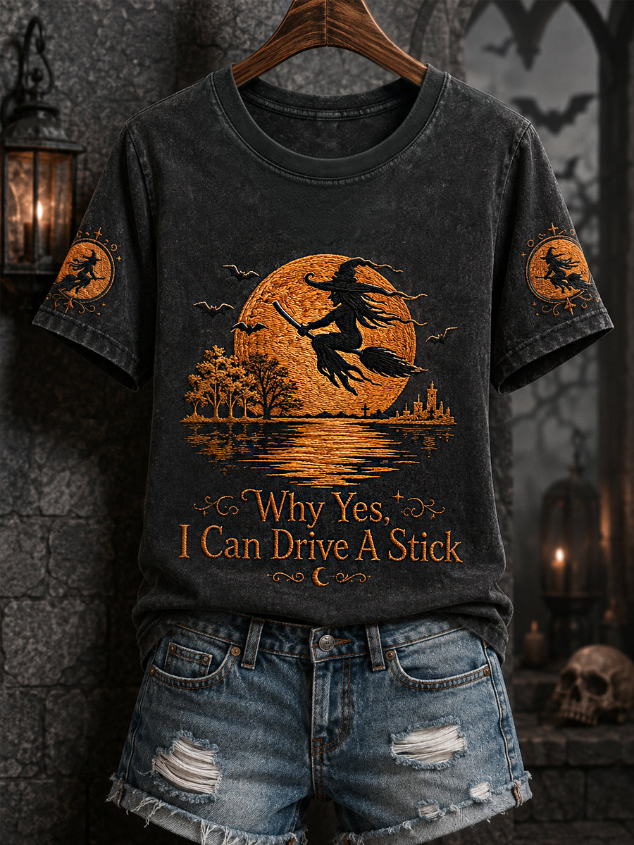 Lustige Halloween-Hexe für Frauen, warum ja, eigentlich kann ich einen Stick Print Casual T-Shirt fahren