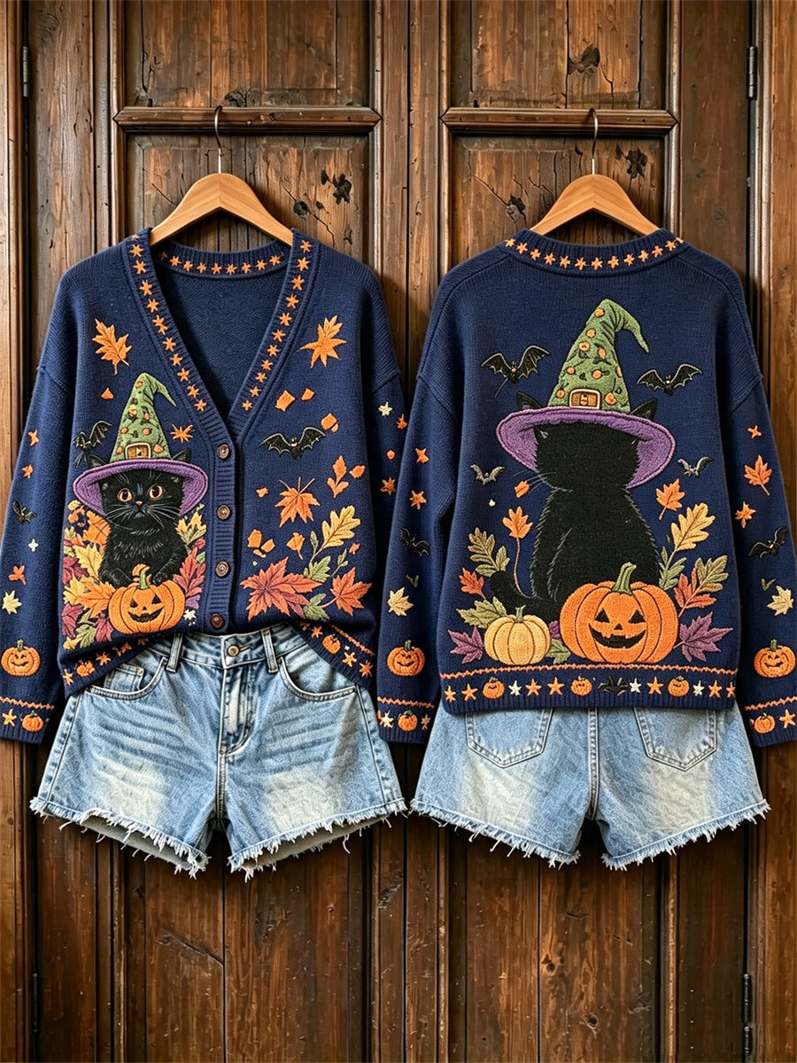Damen Vintage Halloween Schwarze Katze Kürbis Herbst Blätter Druck Strickjacke