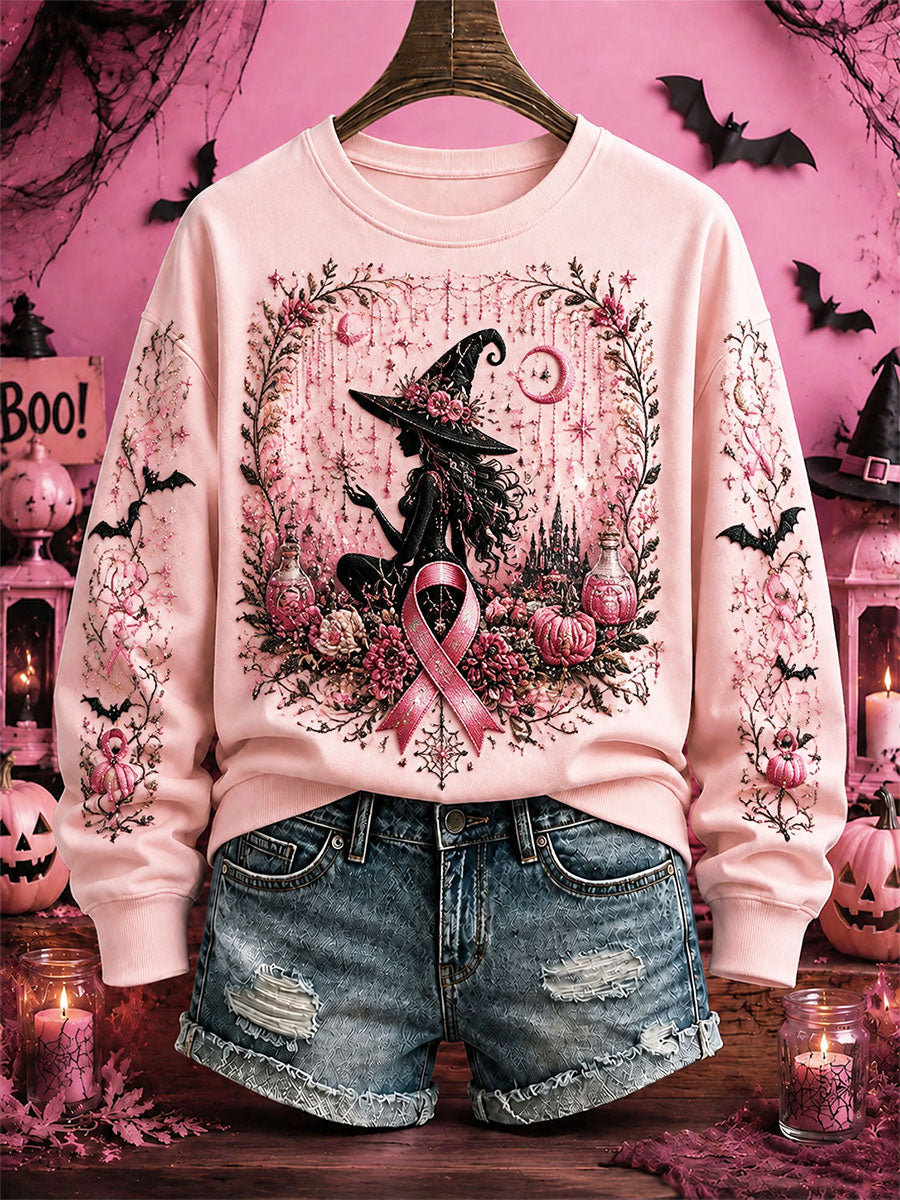 Damen-Kapuzenpullover zum Brustkrebsbewusstsein mit Halloween-Hexenmotiv, lässig und regular fit