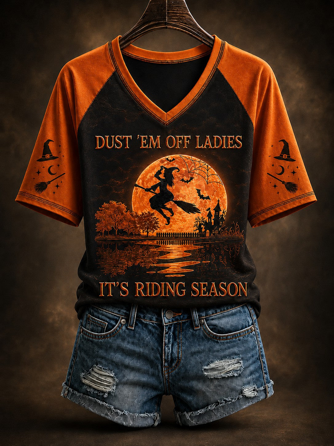 Damen-Halloween-T-Shirt mit V-Ausschnitt und Print