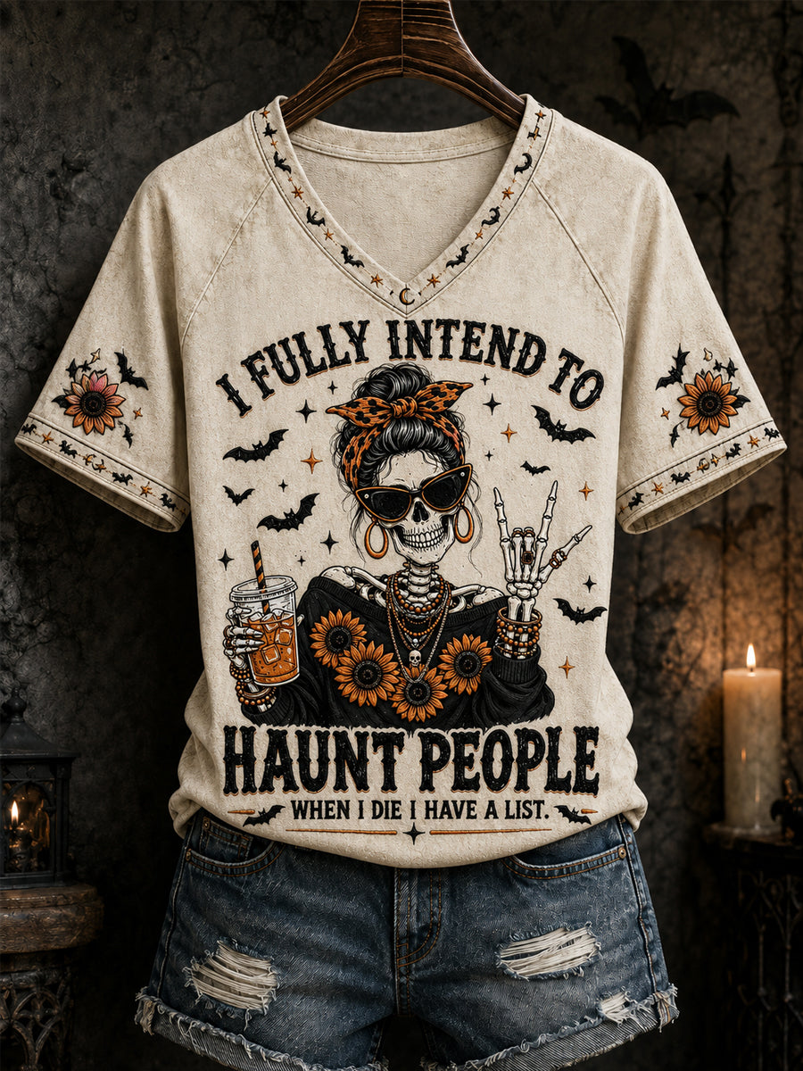 Frauen‑Lustiges Halloween‑Totenkopf‑Hexen‑Ich‑Geh‑Absolut‑Darauf‑Ab,‚Leute‘Zu‑Heimsuchen,‚Wenn‘Ich‑Sterbe‑Ich‑Habe‑Eine‑Liste‑Bedrucktes,‚Lässiges‘V‑Ausschnitt‑T‑Shirt