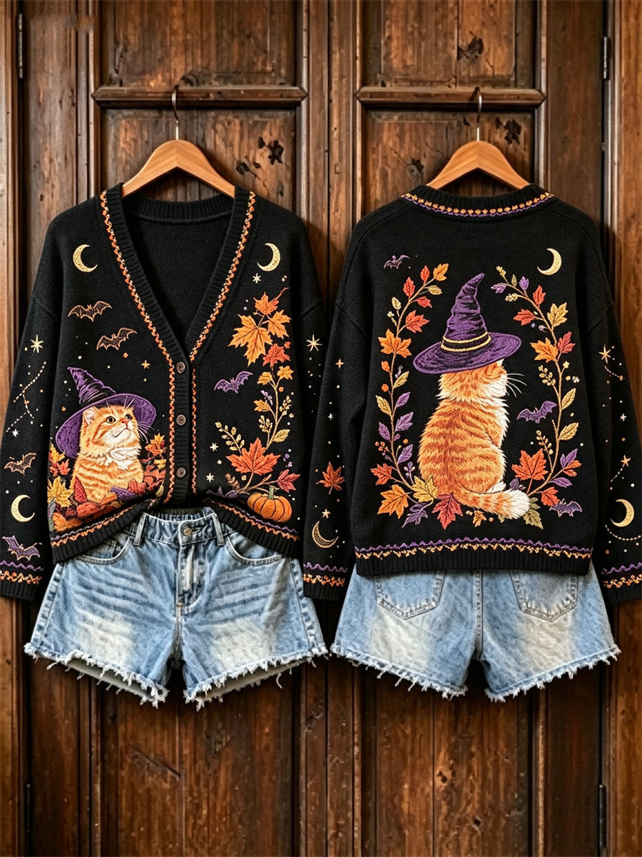 Damen Vintage Halloween Katze Herbst Ahornblätter Druck Strickjacke