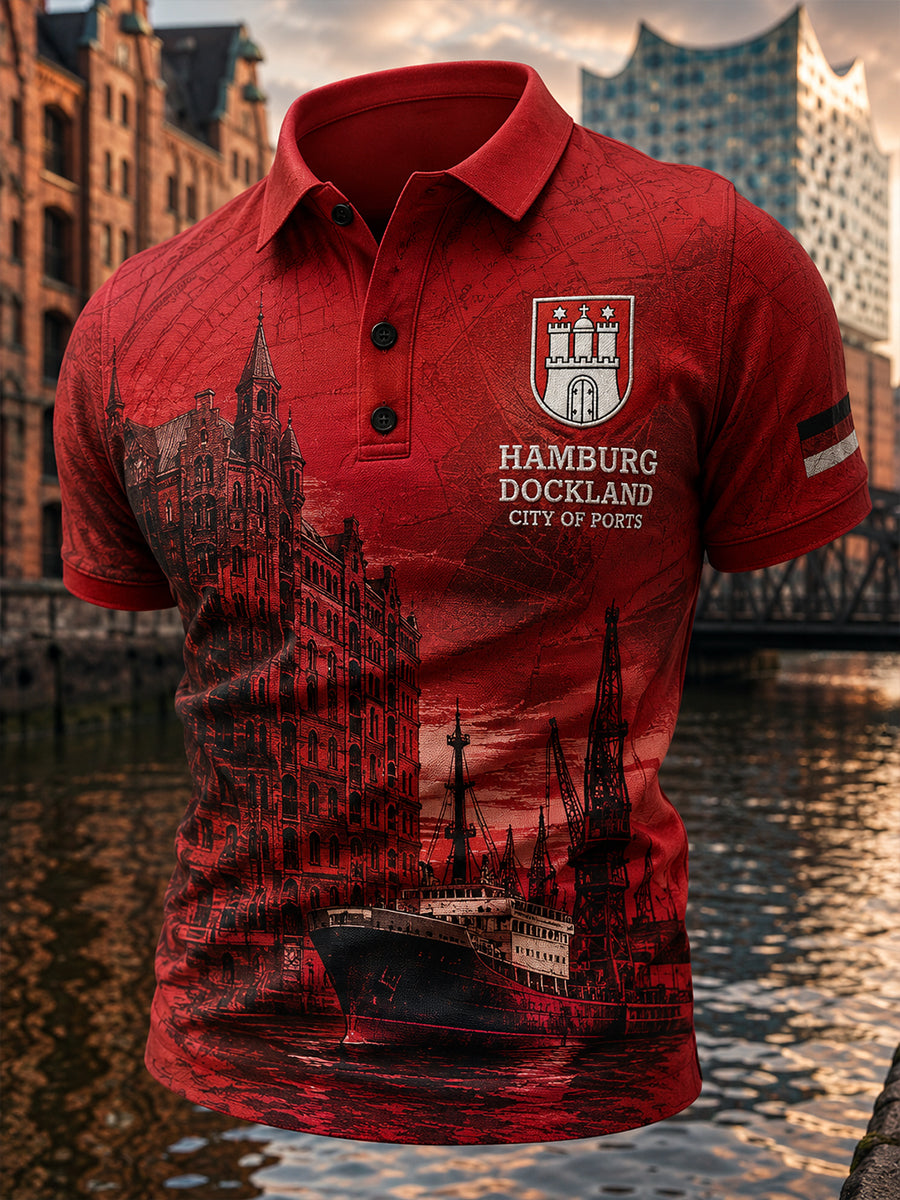 Herren-Poloshirt mit kurzen Ärmeln und urbanem, erinnerungsträchtigem Grafikdruck