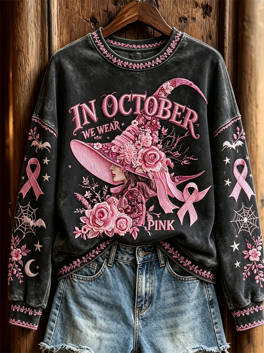 Damen-Überpulli im Oktober tragen wir Pink Halloween-Hexe mit Blumenmuster