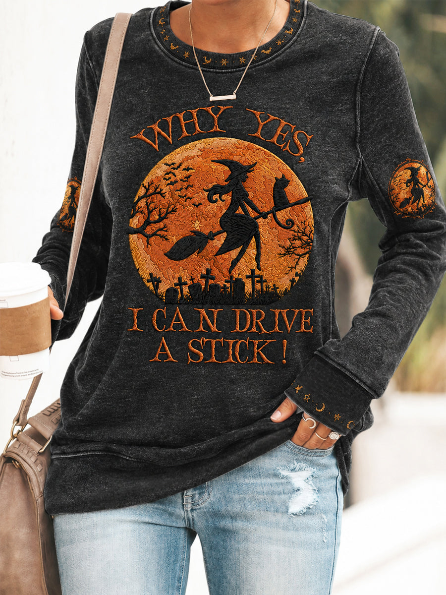 Frauen-Freizeit-Sweatshirt mit witzigem Halloween-Hexen-Print: „Na klar, ich kann sogar Schaltwagen fahren“