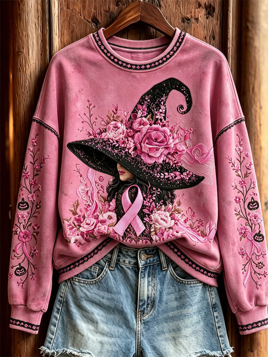 Damen-Sweatshirt mit Blumen druck rosa Halloween-Hexe & rosa Band