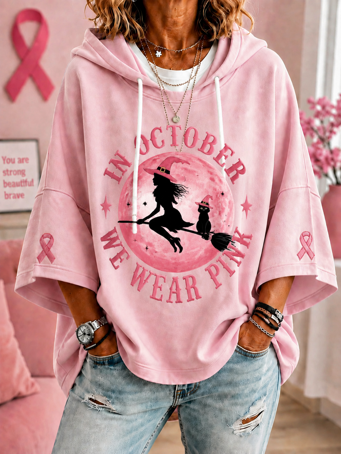 Frauen im Oktober Wir tragen Rosa Kurzarm Hoodie