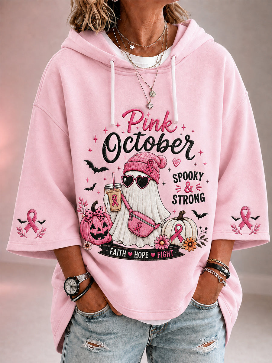 Damen-Hoodie im Oktober tragen wir Pink – Halloween-Gespenster-Print zur Brustkrebsaufklärung – 3/4-Ärmel mit Kapuze