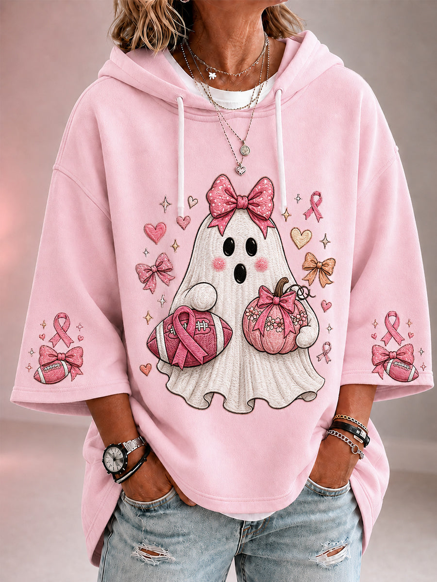 Damen-Hoodie im Oktober tragen wir Pink – Halloween-Gespenster-Print zur Brustkrebsaufklärung – 3/4-Ärmel mit Kapuze