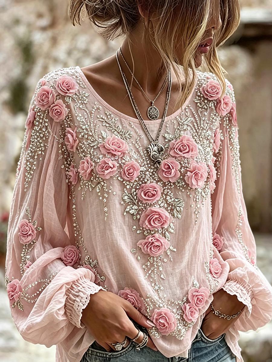 Damen Edles Boho Pink Floral Art Print Baumwoll-Leinen hemd