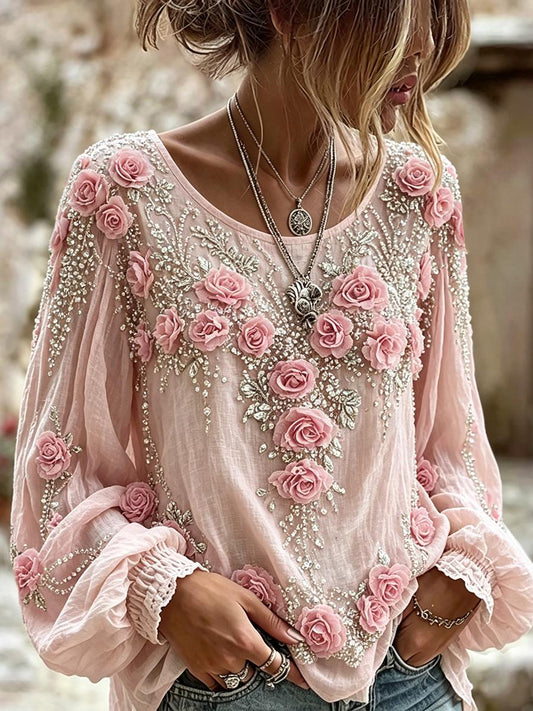 Damen Edles Boho Pink Floral Art Print Baumwoll-Leinen hemd