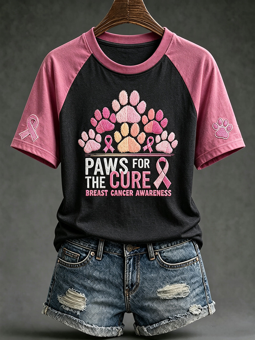 Frauen-Brustkrebs-Thema Pfoten für die Heilung Slogan niedliches Kurzarm-T-Shirt mit Hunde druck