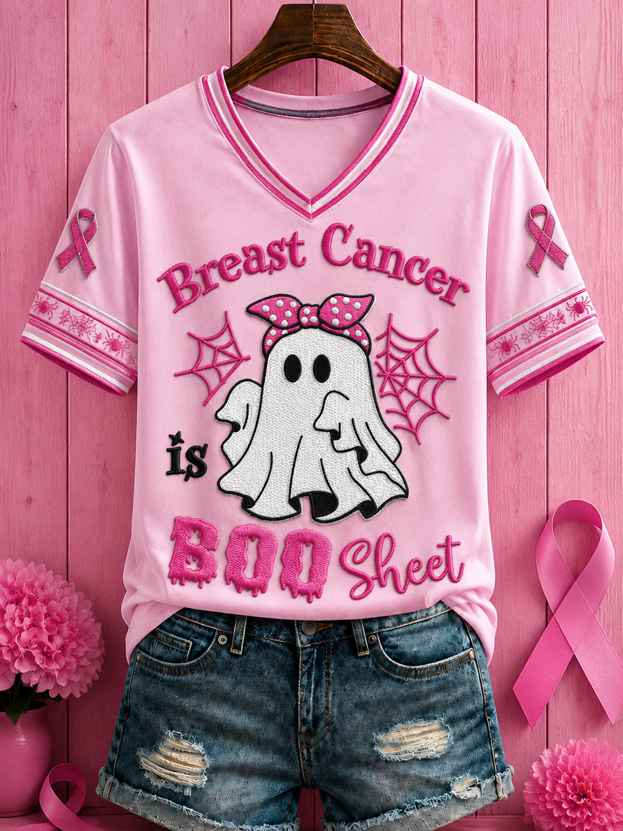 Frauen Halloween Brustkrebs Rosa Blumen Bedrucktes T-Shirt mit V-Ausschnitt