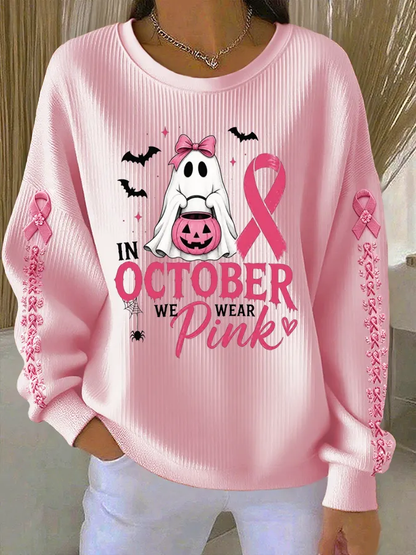 Damen-Sweatshirt mit Rundhalsausschnitt und Rippstruktur in Pink – im Oktober tragen wir Pink