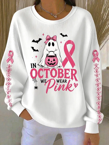 Damen-Sweatshirt mit Rundhalsausschnitt und Rippstruktur in Pink – im Oktober tragen wir Pink