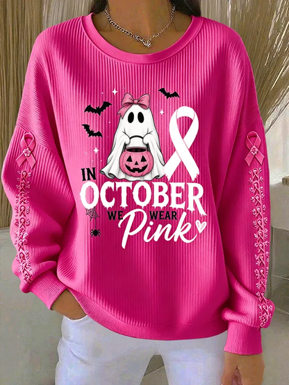 Damen-Sweatshirt mit Rundhalsausschnitt und Rippstruktur in Pink – im Oktober tragen wir Pink