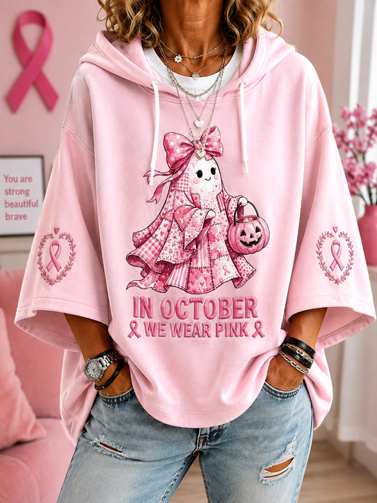 Damen-Hoodie im Oktober tragen wir Pink – Halloween-Gespenster-Print zur Brustkrebsaufklärung – 3/4-Ärmel mit Kapuze