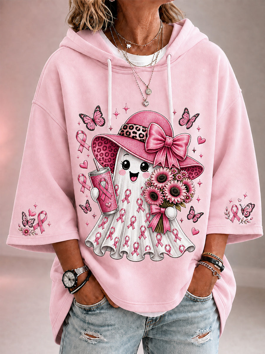 Frauen im Oktober Wir tragen rosa Halloween Pink Ghost Print Brustkrebs Sensi bilisierung Unterstützung 3/4 Ärmel Hoodie