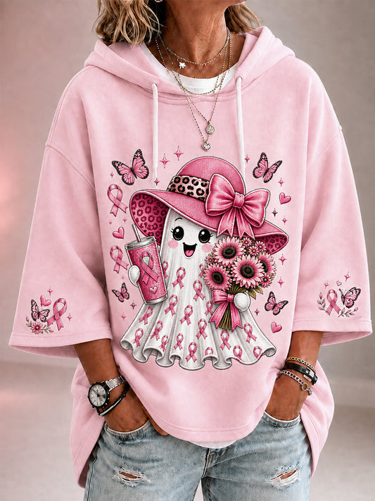 Frauen im Oktober Wir tragen rosa Halloween Pink Ghost Print Brustkrebs Sensi bilisierung Unterstützung 3/4 Ärmel Hoodie