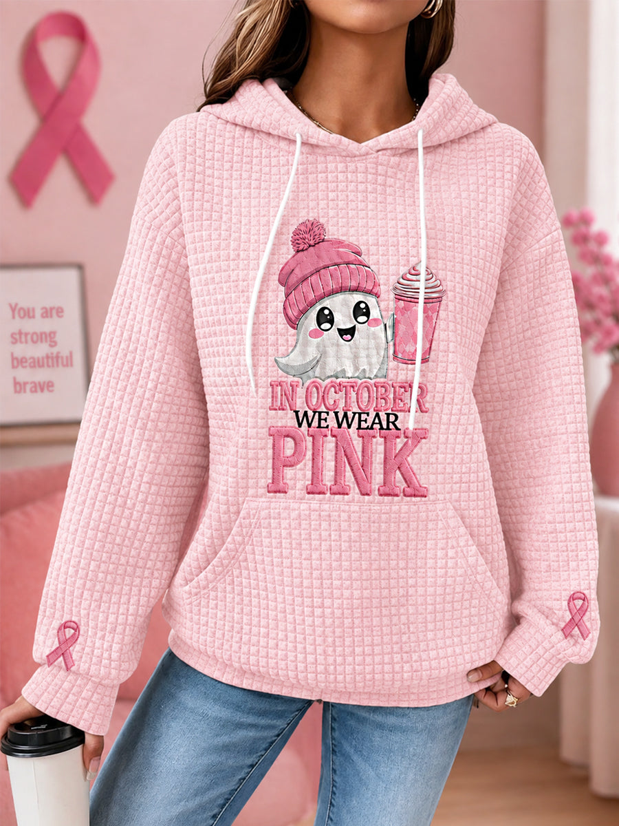 Frauen im Oktober tragen wir rosa Halloween Pink Ghost Print Brustkrebs Bewusstsein Unterstützung Waffel Hoodie