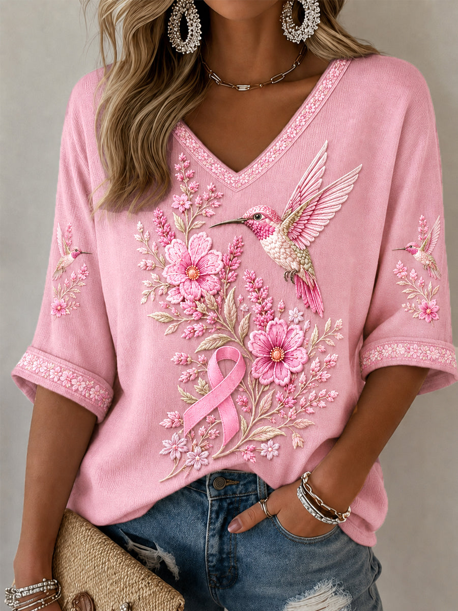 Frauen rosa Blumen-und Kolibri druck Brustkrebs-Sensi bilisierung mit halben Ärmeln V-Ausschnitt T-Shirt