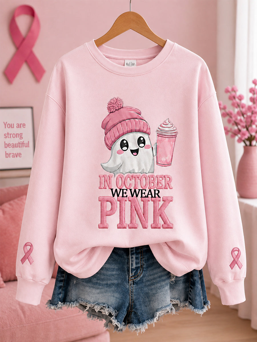 Damen-„Im Oktober tragen wir Pink“ Halloween-Pink Geister-Print Sweatshirt zur Brustkrebsaufklärung