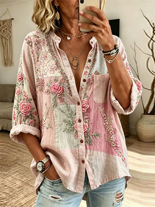 Damen Vintage rosa Rosen Cottagecore Patchwork-Druck Leinen bluse