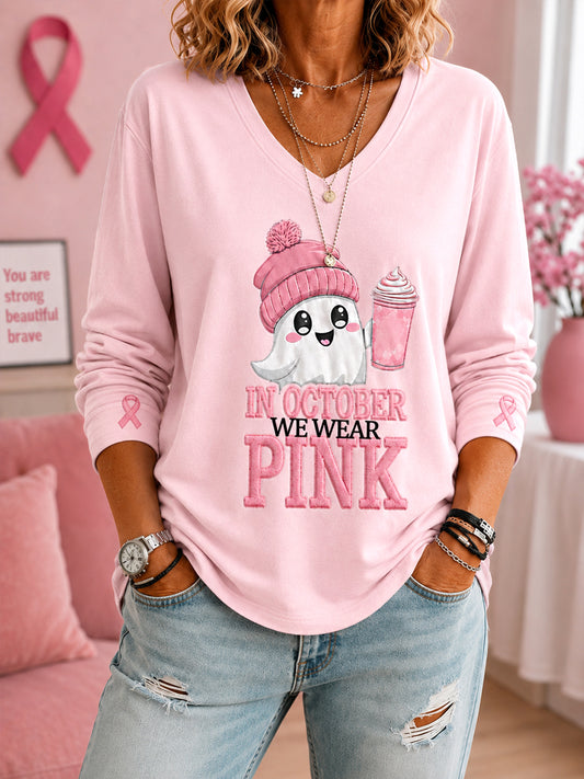 Damen-T-Shirt im Oktober tragen wir Pink Halloween-Pink Geister-Print Brustkrebsbewusstseins-Unterstützung V-Ausschnitt Langarm