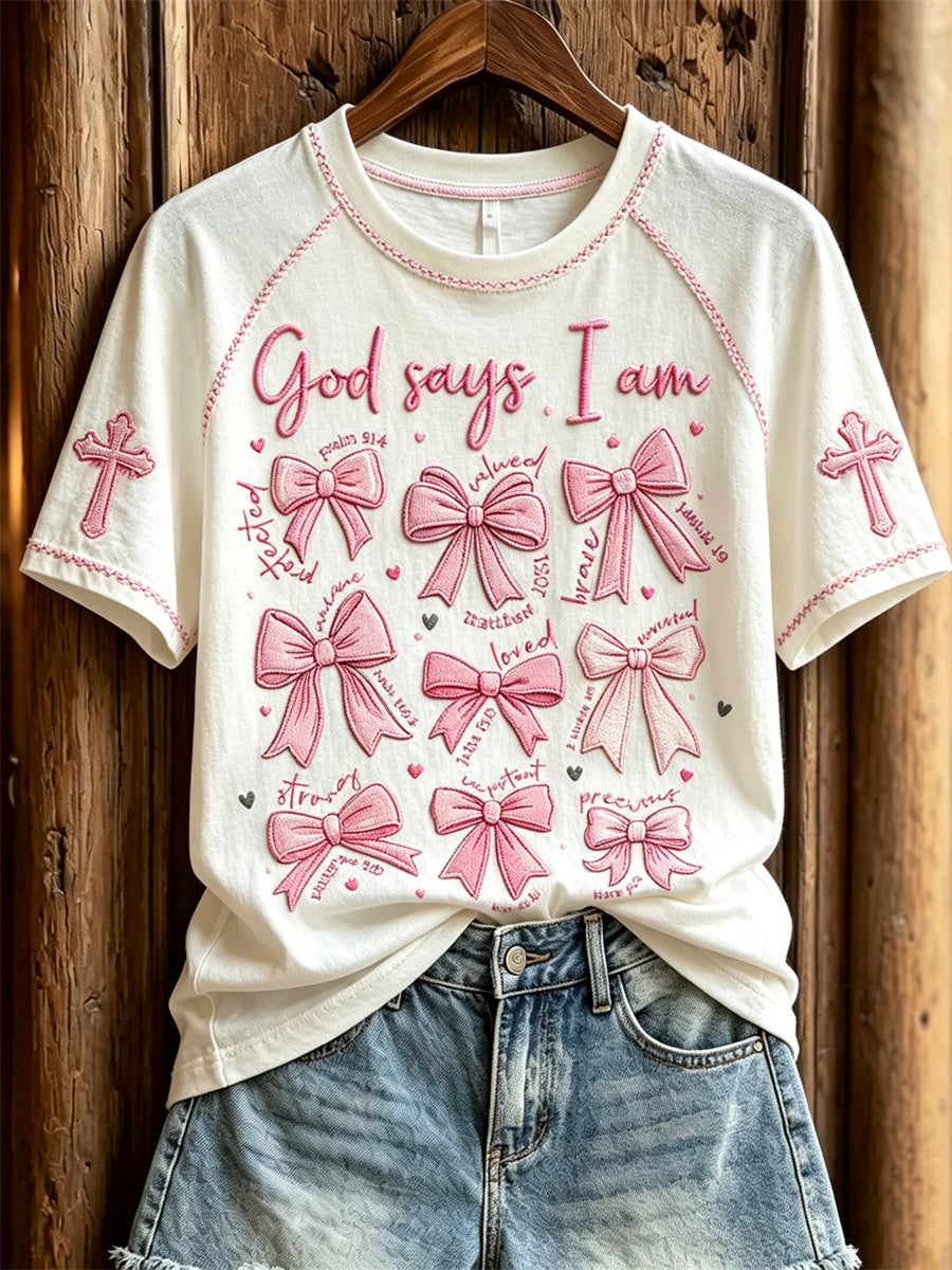 Frauen Gott sagt, ich bin rosa Bogen Knoten & Kreuz druck Kurzarm T-Shirt