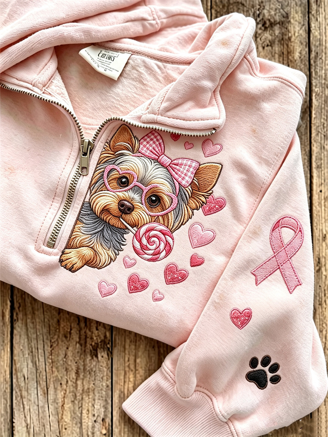 Frauenpullover im Brustkrebs-Design mit niedlichem Hunde-Muster, lässig, mit halber Zipperfront