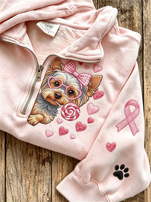 Frauenpullover im Brustkrebs-Design mit niedlichem Hunde-Muster, lässig, mit halber Zipperfront