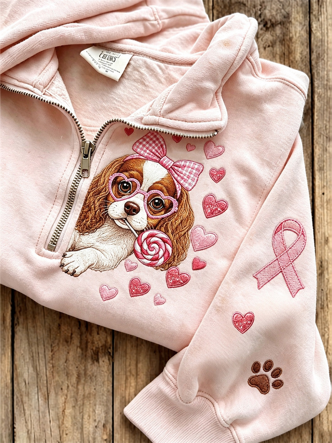 Frauenpullover im Brustkrebs-Design mit niedlichem Hunde-Muster, lässig, mit halber Zipperfront