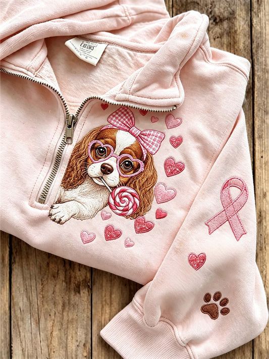 Frauenpullover im Brustkrebs-Design mit niedlichem Hunde-Muster, lässig, mit halber Zipperfront
