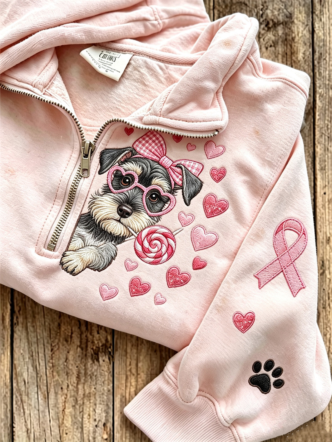 Frauenpullover im Brustkrebs-Design mit niedlichem Hunde-Muster, lässig, mit halber Zipperfront