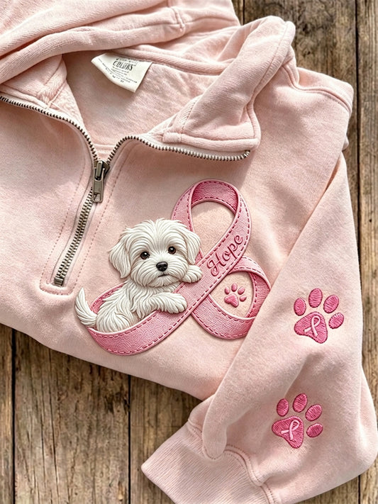 Frauen Hope Pink Ribbon Malteser Hund & Pfote Drucke mit Reiß verschluss Sweatshirt