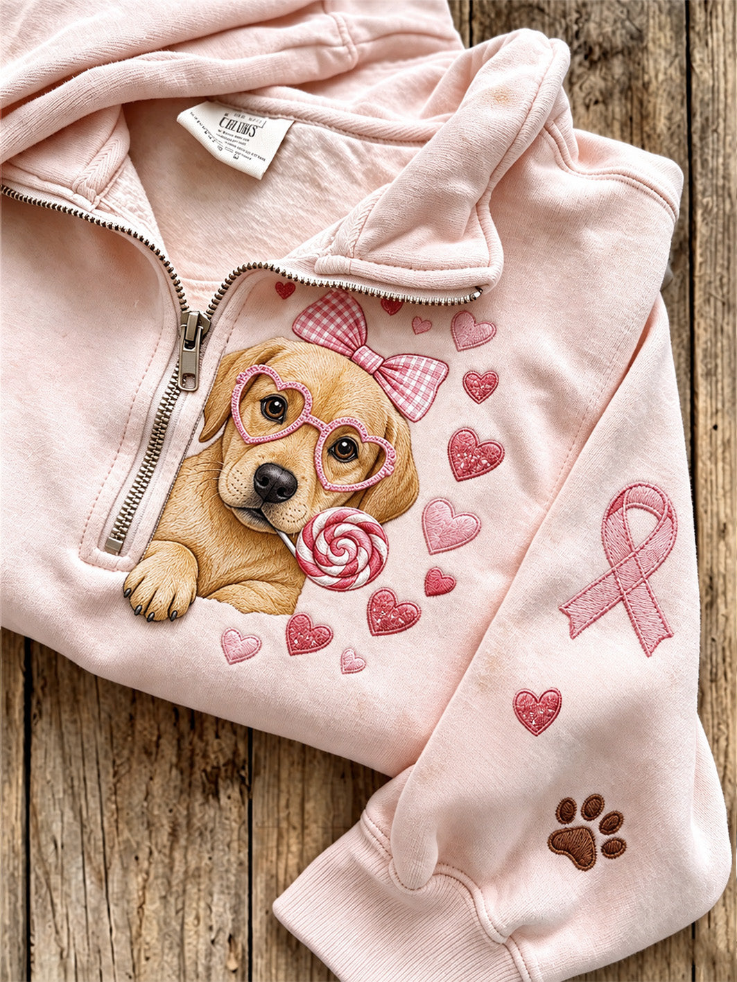 Frauenpullover im Brustkrebs-Design mit niedlichem Hunde-Muster, lässig, mit halber Zipperfront
