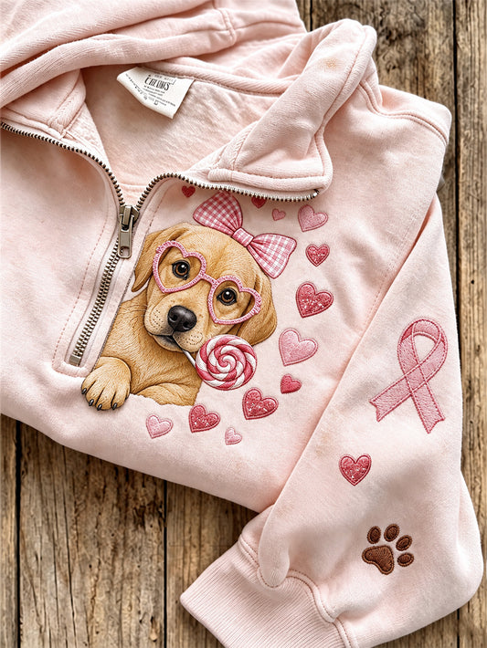 Frauenpullover im Brustkrebs-Design mit niedlichem Hunde-Muster, lässig, mit halber Zipperfront