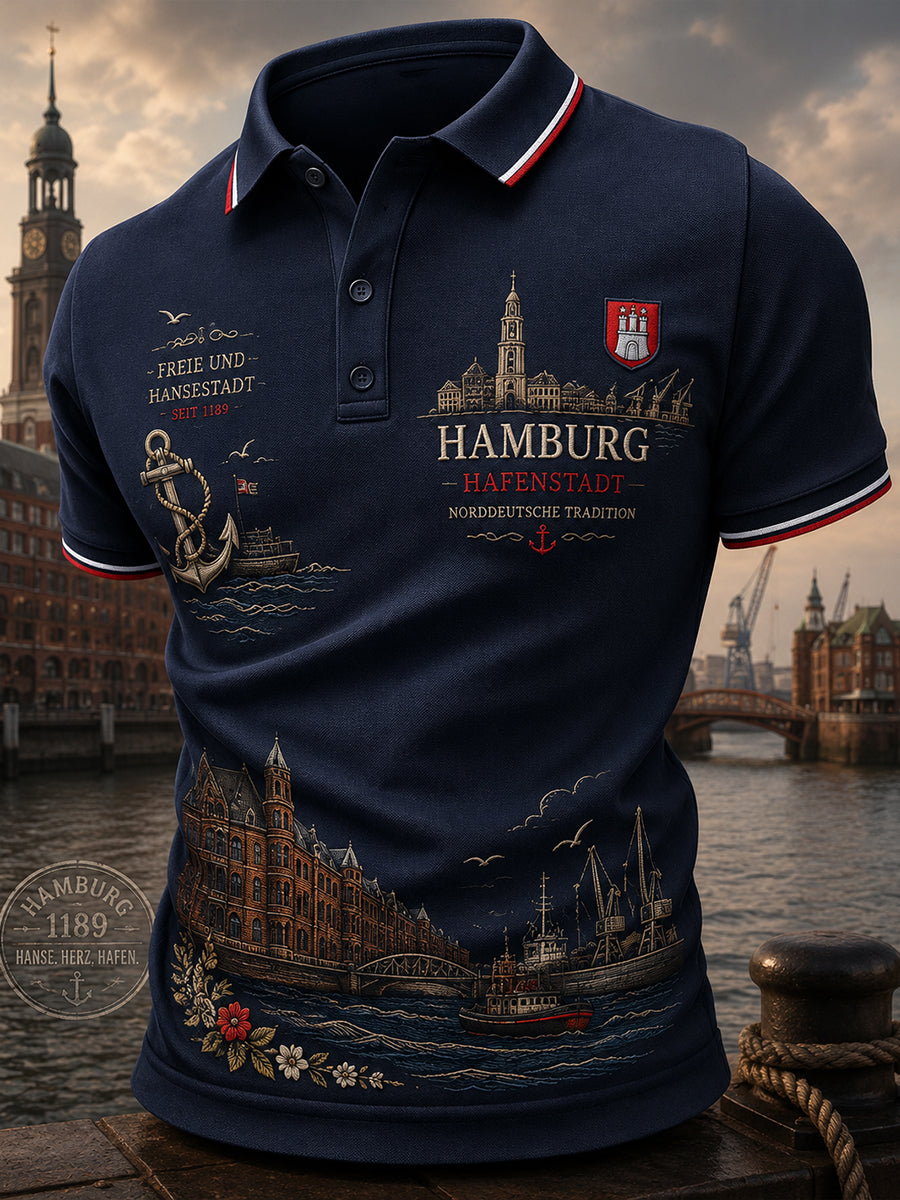 Herren-Poloshirt mit kurzen Ärmeln und urbanem, erinnerungsträchtigem Grafikdruck