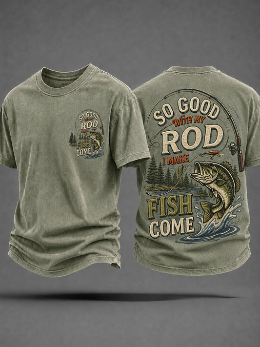 Herren-Freizeit-T-Shirt mit witzigem „So gut mit meiner Angel, dass die Fische von selbst kommen“-Print