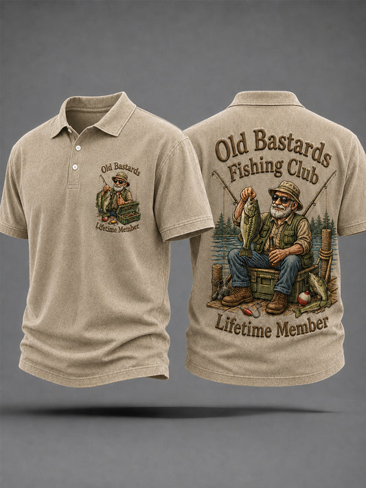 Herren-Lustiges-Old-Bastards-Fischereiverein-Lebensmitglied-Print-Lässiges-Polo-Shirt
