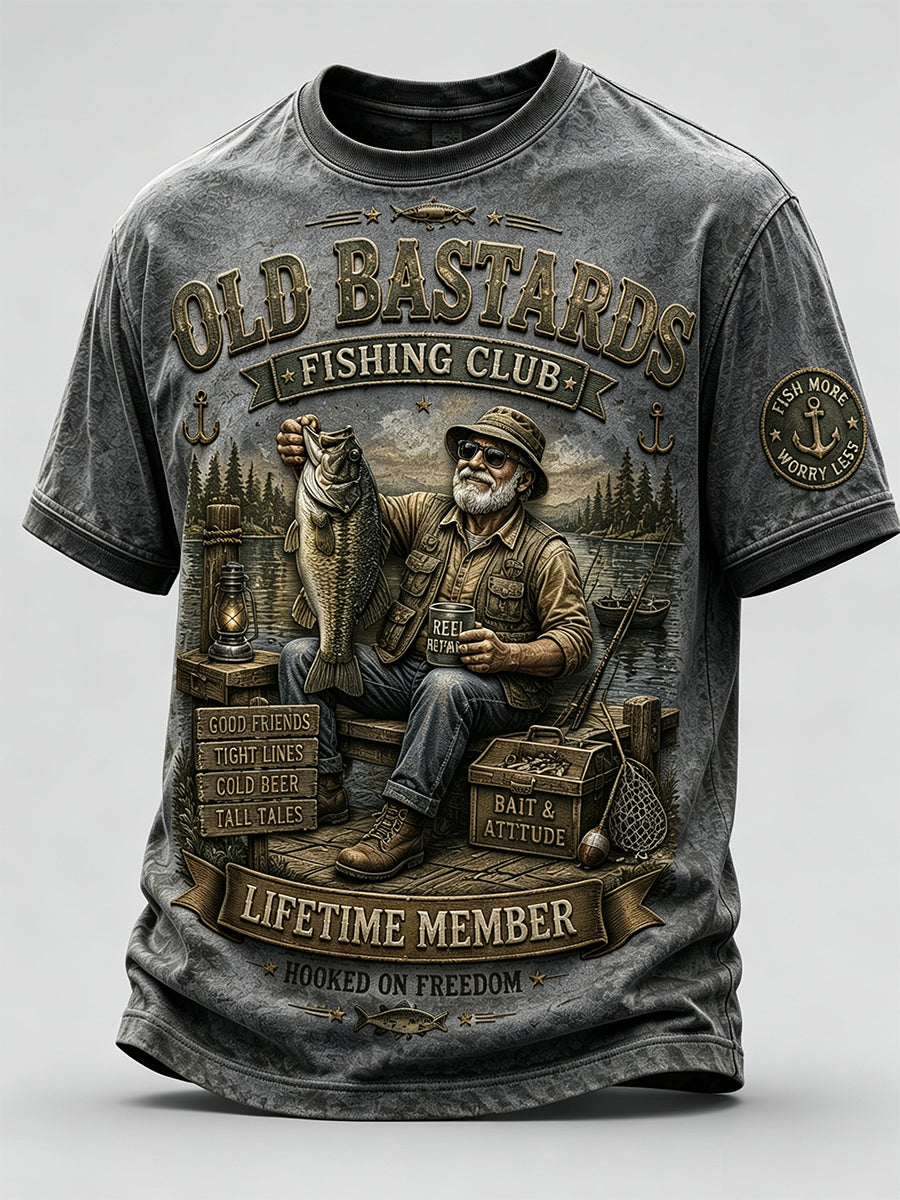 Herren-Langarm-T-Shirt mit Witz-Print „Lifetime Member“ des Anglerclubs „Old Bastards“
