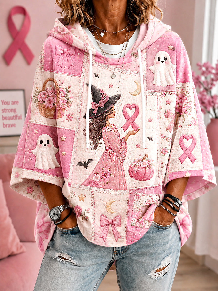Frauen im Oktober tragen wir rosa Halloween rosa Hexe und Geist Druck Brustkrebs Bewusstsein Unterstützung Kurzarm Hoodie