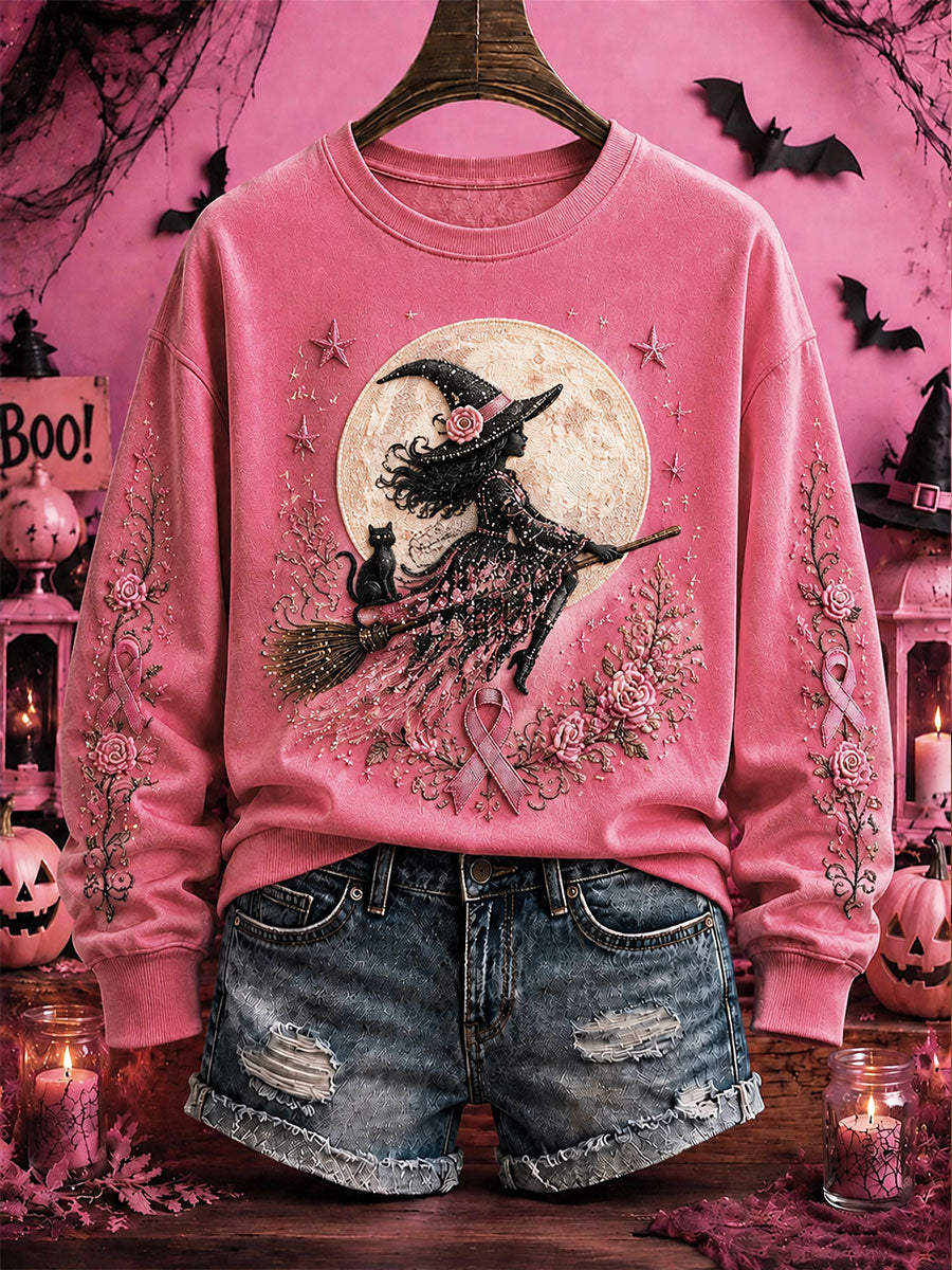 Damen-Kapuzenpullover zum Brustkrebsbewusstsein mit Halloween-Hexenmotiv, lässig und regular fit