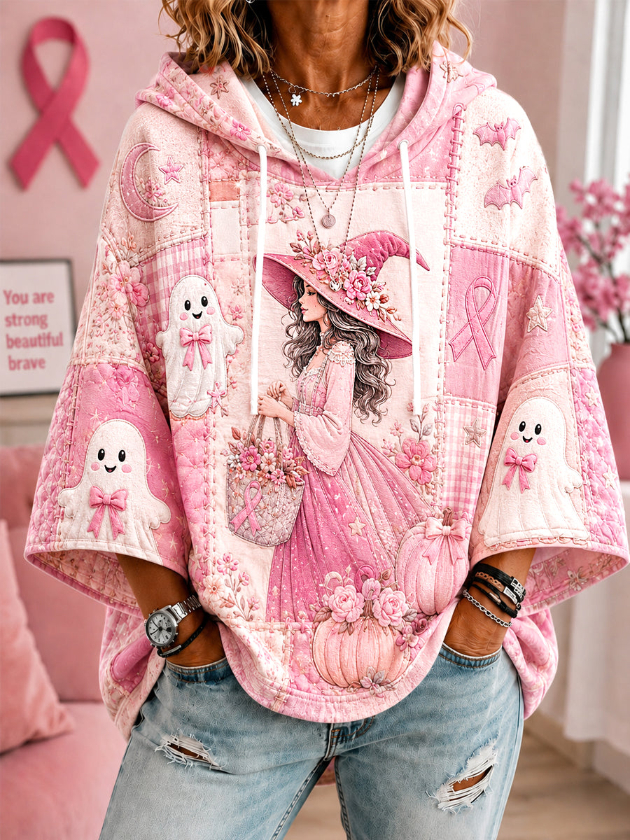 Damen-Hoodie mit kurzem Ärmel und Aufdruck: Halloween-Pink, Hexe und Geist – zur Brustkrebsaufklärung im Oktober tragen wir Pink