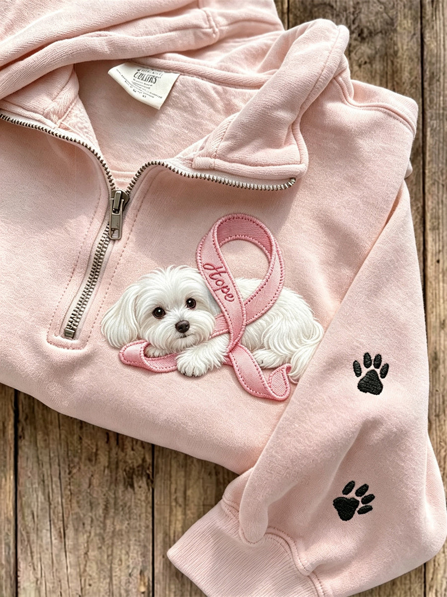 Damen-Hopecap-Mütze in Pink mit Malteserhund und Pfotenabdrücken, mit Reißverschluss