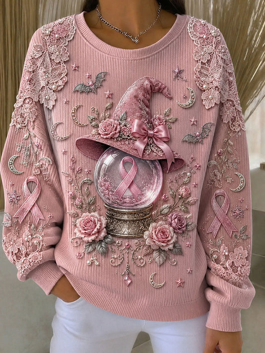 Frauen Brustkrebs Bewusstsein Hexen hut gerippt Rundhals-Sweatshirt