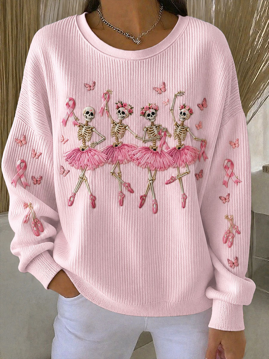 Frauen Ballett Skelett Brustkrebs Bewusstsein Geripptes Rundhals-Sweatshirt