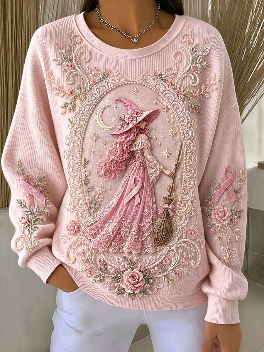 Weiblicher Ripp-Sweatshirt mit Rundhalsausschnitt zum Thema Brustkrebsbewusstsein
