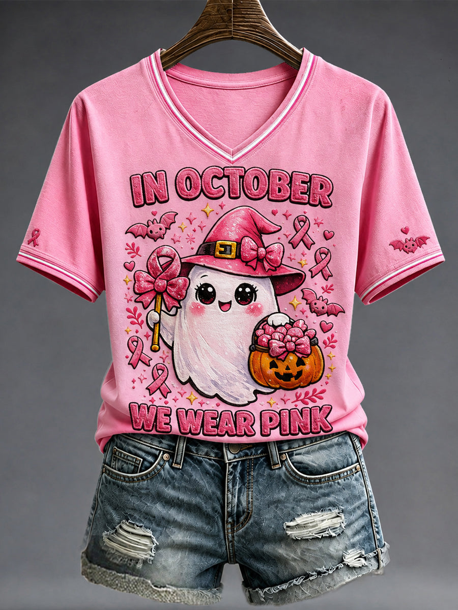 Frauen Brustkrebs Prävention und Bewusstsein Rosa Oktober V-Ausschnitt Kurzarm T-Shirt