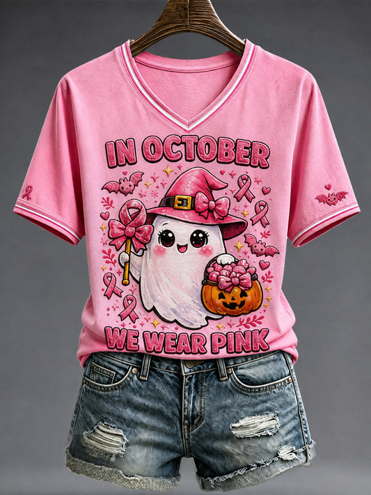 Frauen Brustkrebs Prävention und Bewusstsein Rosa Oktober V-Ausschnitt Kurzarm T-Shirt